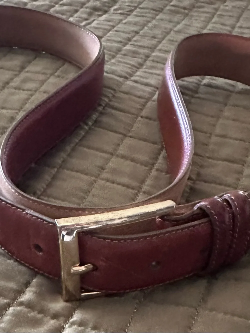 Vintage Leather Cognac XXL Belt Polished Gold Square Buckle Stitched Edges